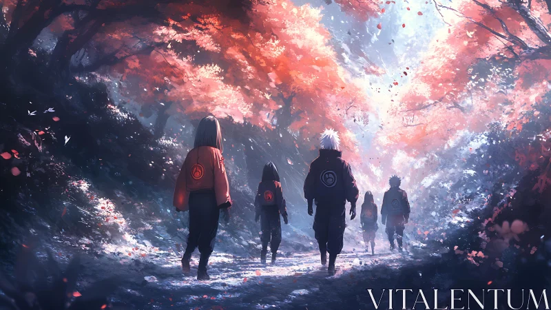 Anime squad walking under glowing red forest canopy.
