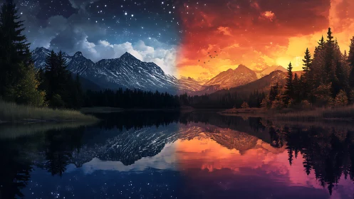 Dreamy mountain lake where night gently meets sunset.