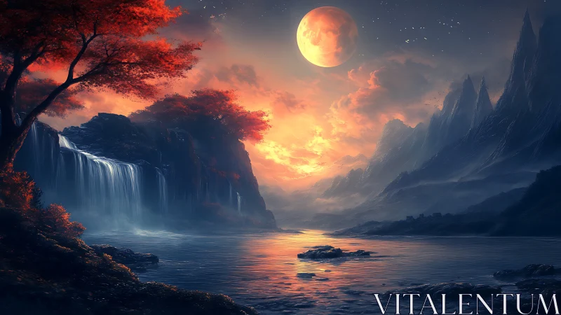 Crimson moon over cascading falls in misty fantasy valley