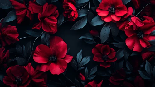 Crimson Blooms Dance Against Midnight's Velvet Canvas