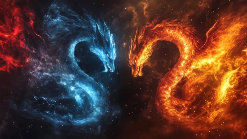 Elemental dragon duel forms opposing fire and ice energy arcs