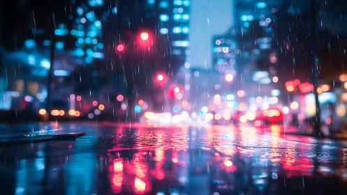 Neon city street glows through heavy midnight rainfall.