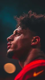 Focused football player under stadium lights at dusk.