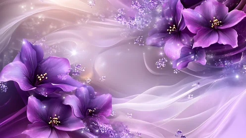 Purple Flowers with Sparkles on Flowing Abstract Background.