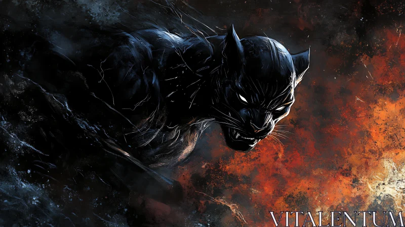 Fierce black panther leaping through swirling fire and shadow.