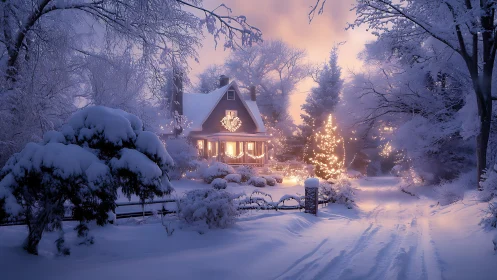 Snow-covered house with illuminated trees at dusk.