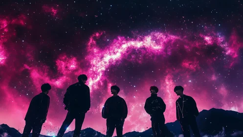 Photorealistic cosmic silhouettes against magenta nebular sky.