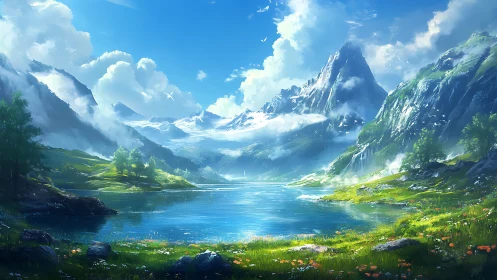 Mountain lake landscape with clouds and reflective water.