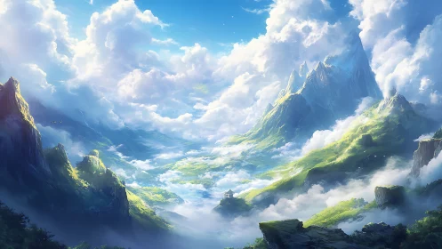 Sunlit fantasy mountains rise above clouds in serene silence