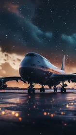 Evening airliner waits calmly under a softly glowing sky