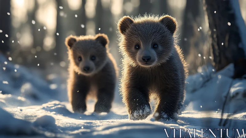 Two brown bear cubs moving through snowy forest path.