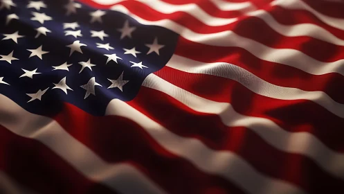 Dramatic close-up of rippling United States flag fabric.