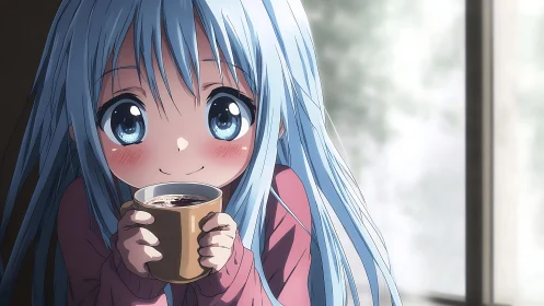 Blue haired anime girl with coffee in soft morning light.