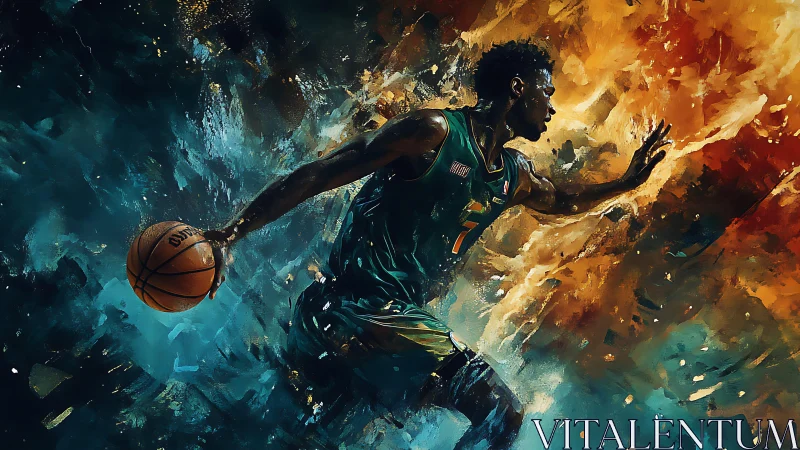 Basketball player in motion within abstract color field.
