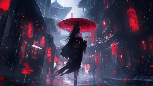 Red umbrella wanderer crossing a lantern lit rainy street.