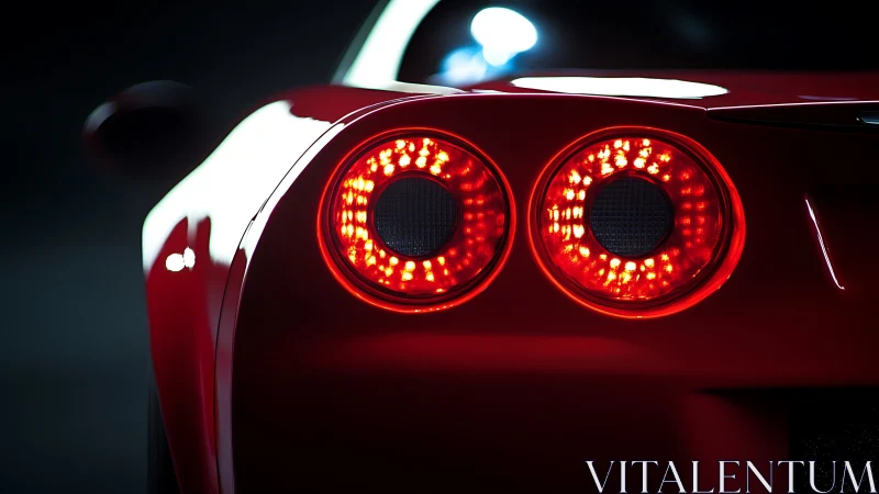 Red sports car rear LED tail lights glow in darkness