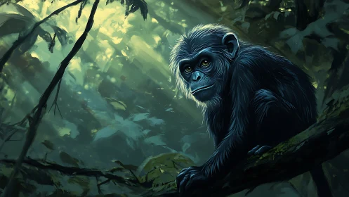 Quiet young chimpanzee rests on a sunlit jungle branch