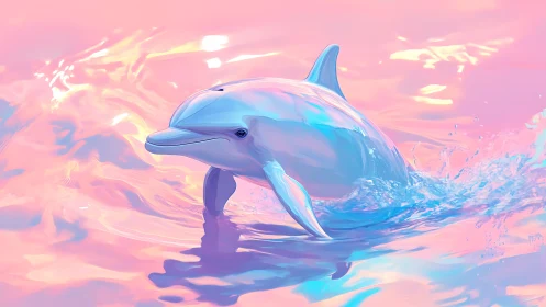 Dolphin swims through pastel pink and blue reflective water