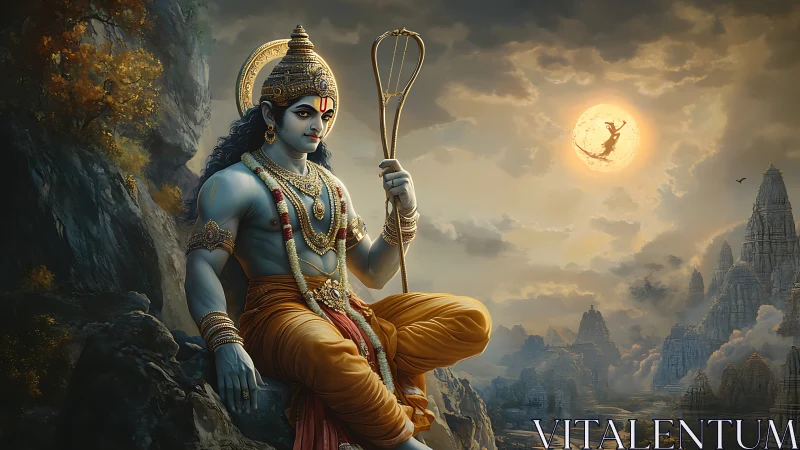 Seated mythological figure overlooks mountainous cityscape at dusk