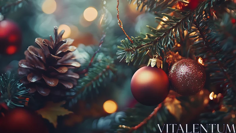 Copper glow ornaments and pinecone in storybook holiday bokeh.