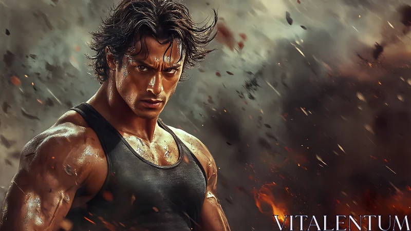 Hyper-real warrior portrait in explosive action setting.