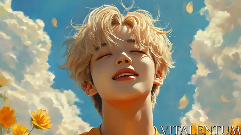 Blond youth smiling in golden flower field under sky.