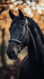 Midnight horse portrait under soft autumn bokeh light.