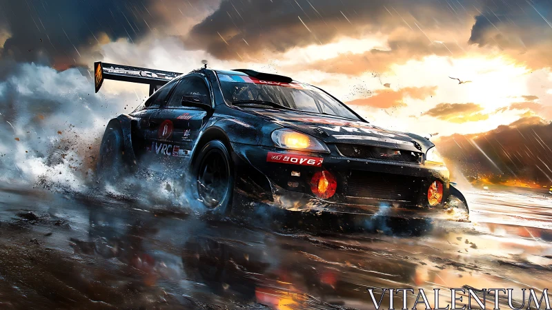 Rally race car on wet coastal track under stormy sky.