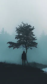 Minimalist silhouette under solitary tree in foggy landscape.