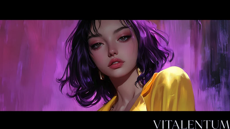 Digital portrait of woman with violet hair on magenta backdrop.