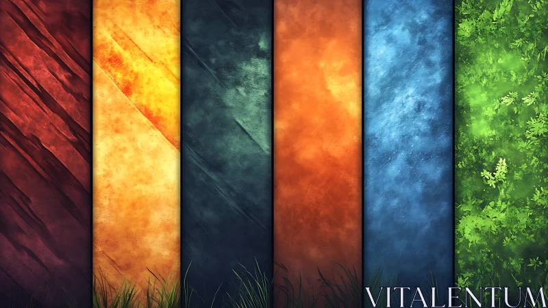 Five elemental panels in softly glowing textured color fields.