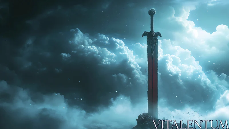 Stormlit legendary sword resting between clouds and mist.