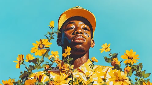 Young person in yellow cap framed by yellow flowers outdoors