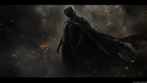 Dark cloaked humanoid stands in fragmented smoky environment