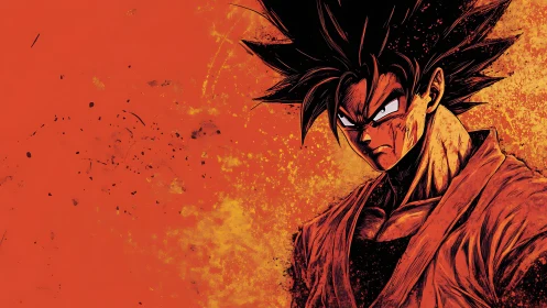 Fierce anime warrior glares ahead in blazing orange fury.
