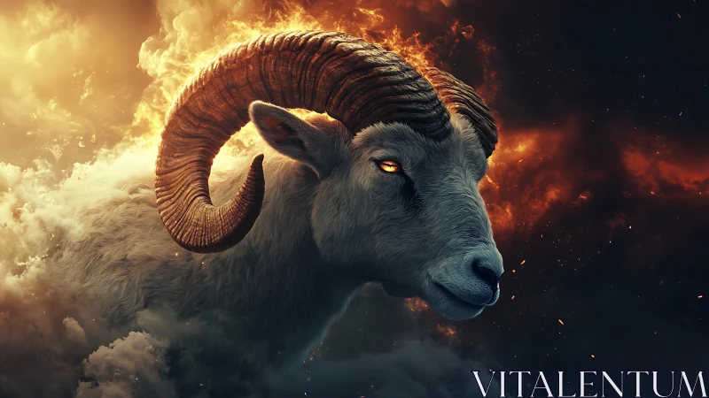 Storm-born ram glows with quiet power in blazing clouds