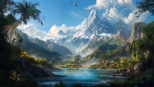 Panoramic tropical valley with glacial peak and turquoise river