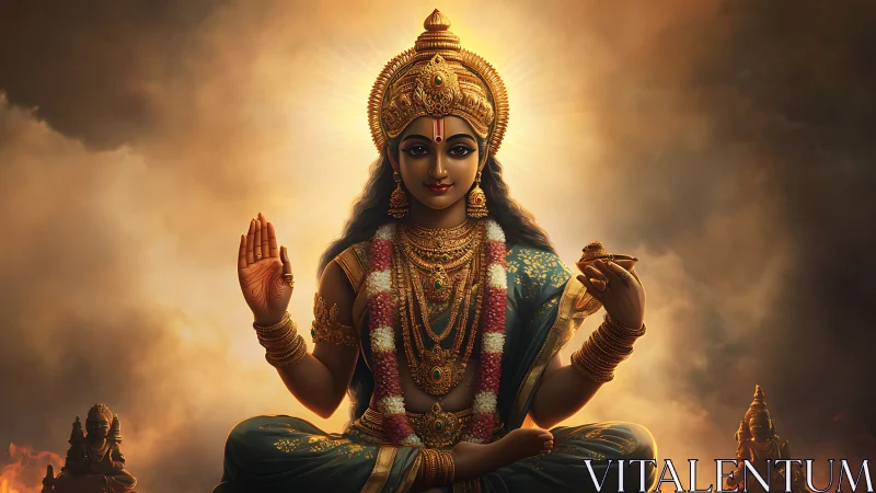 Golden Hindu goddess portrait in radiant divine light.