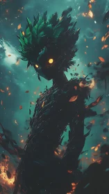 Leaf and ember humanoid figure in turbulent teal sky.