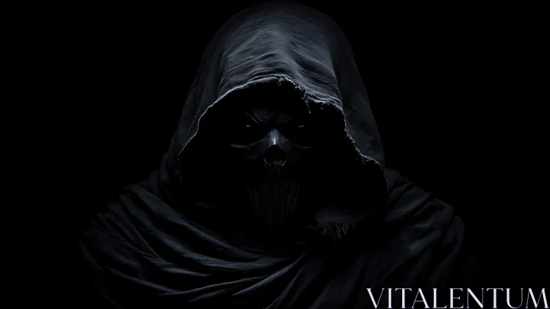 Hooded skeletal figure in deep shadow against black background.