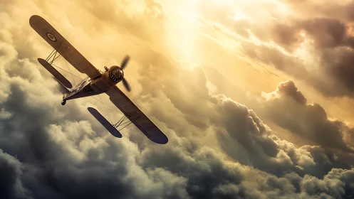 Vintage biplane dives through sunlit storm clouds.