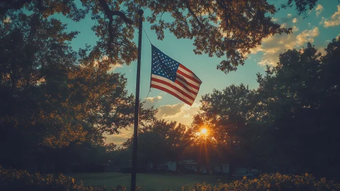United States flag over suburban trees at sunset.