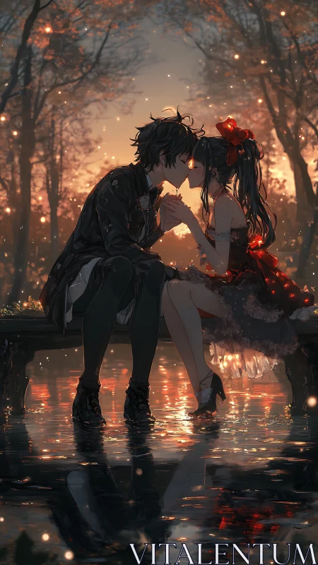 Twilight bench confession under ember-lit autumn rainstorm.