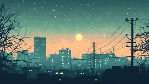 Layered dusk cityscape under full moon with silhouetted power lines