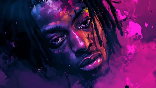 Neon-drenched portrait drifts through electric violet haze