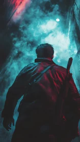 Figure stands in neon fog-filled alley under bright moon