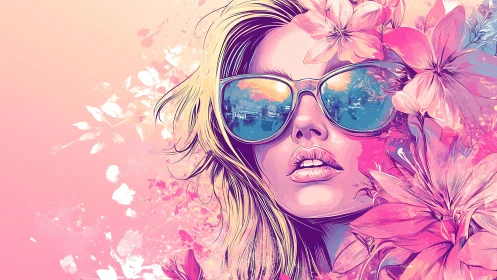 Neon summer muse in mirrored shades and blooming petals.