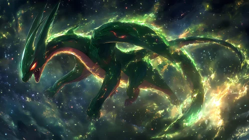 Bioluminescent space dragon arcs through nebular plasma vortex