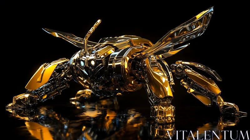 Gleaming robotic insect crouches in a pool of golden light