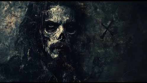 Desaturated skeletal portrait in gritty textured chiaroscuro